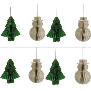 Christmas Ornaments Set Of 8 Paper 4" Tree Snowman Green Holiday H For Happy NEW